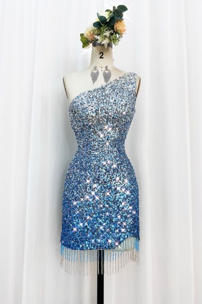 Sparkly Bodycon Spaghetti Straps Blue Sequins Short Cocktail Dress With Tassel