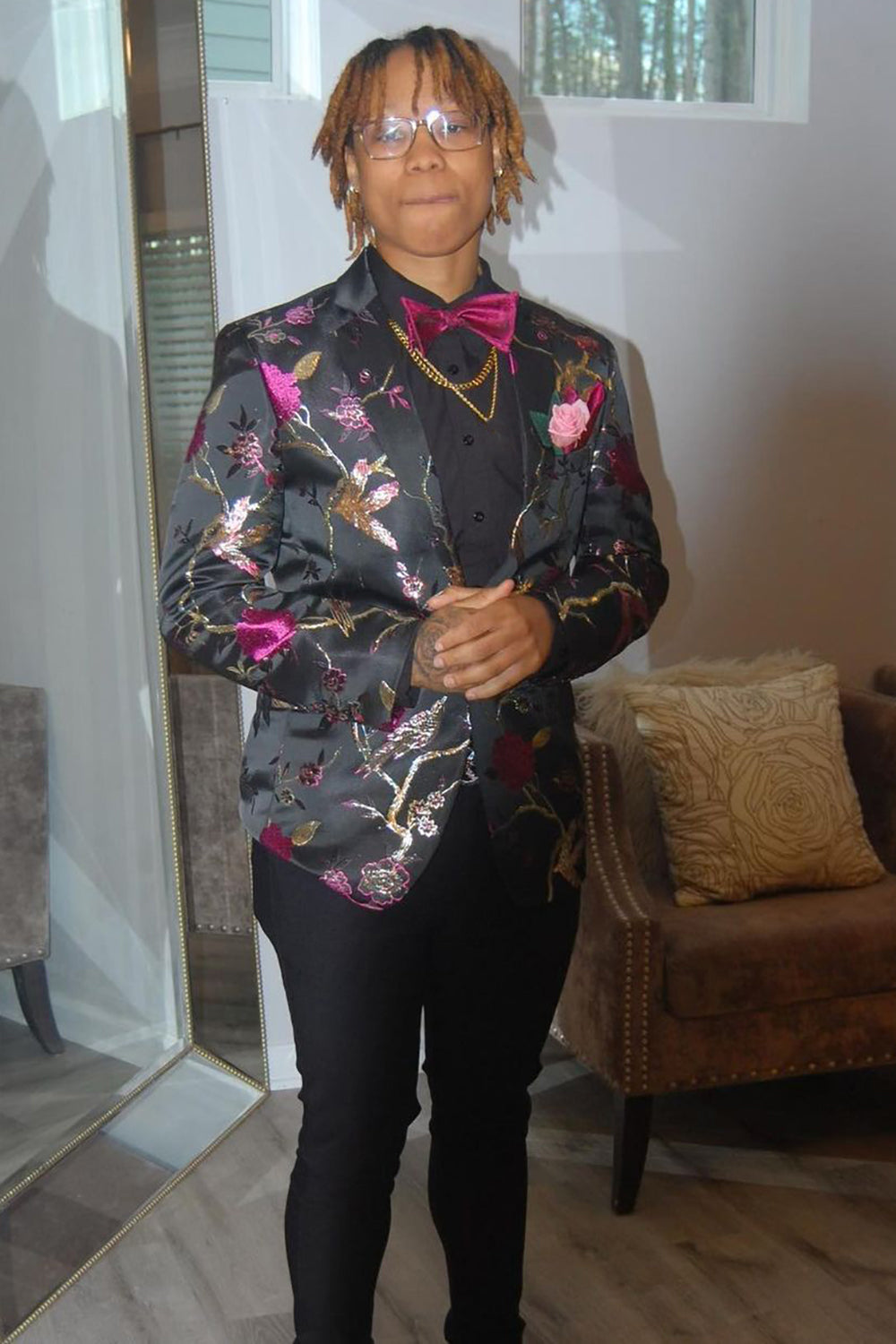 Men's Prom Blazer with Jacquard Flower Notched Lapel