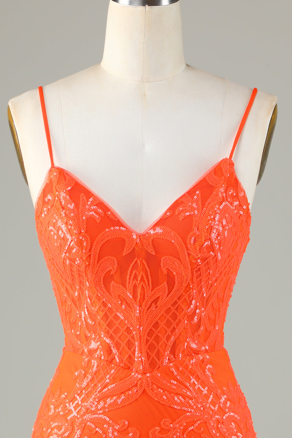 Sparkly Sheath Spaghetti Straps Orange Sequins Corset Cocktail Dress