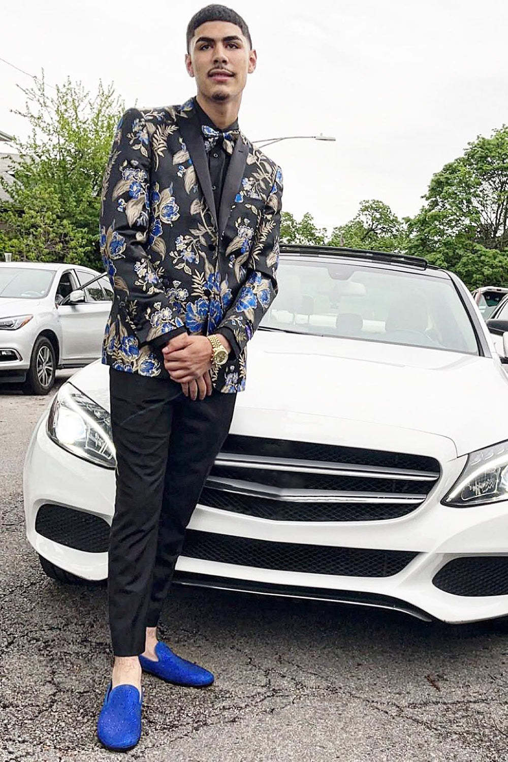 Men's Black Jacquard Prom Blazer with Slim Fit and Peak Lapel