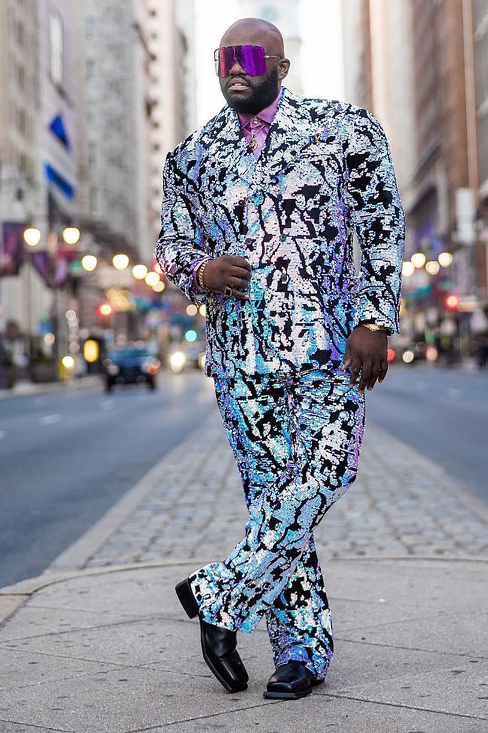 Men's White Sequined Prom Suit with Notched Lapel and Single Button