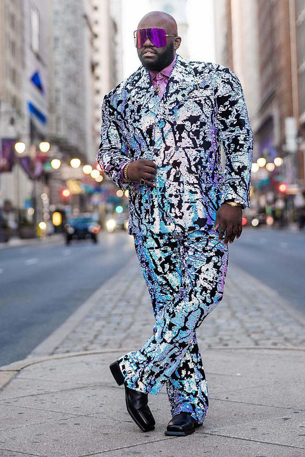 Men's White Sequined Prom Suit with Notched Lapel and Single Button