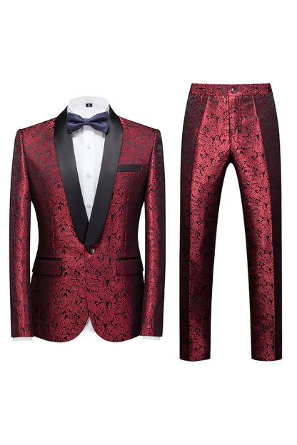 Men's Prom Suits with Burgundy Jacquard Shawl Lapel 2-Piece Set
