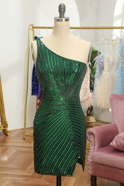 Sparkly Sheath Glitter Green One Shoulder Beaded Tight Cocktail Dress