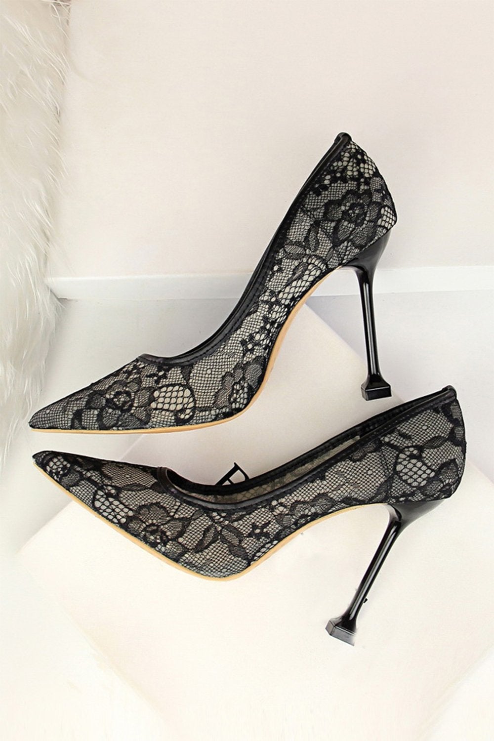 Pointy Stiletto Heels in Black Lace