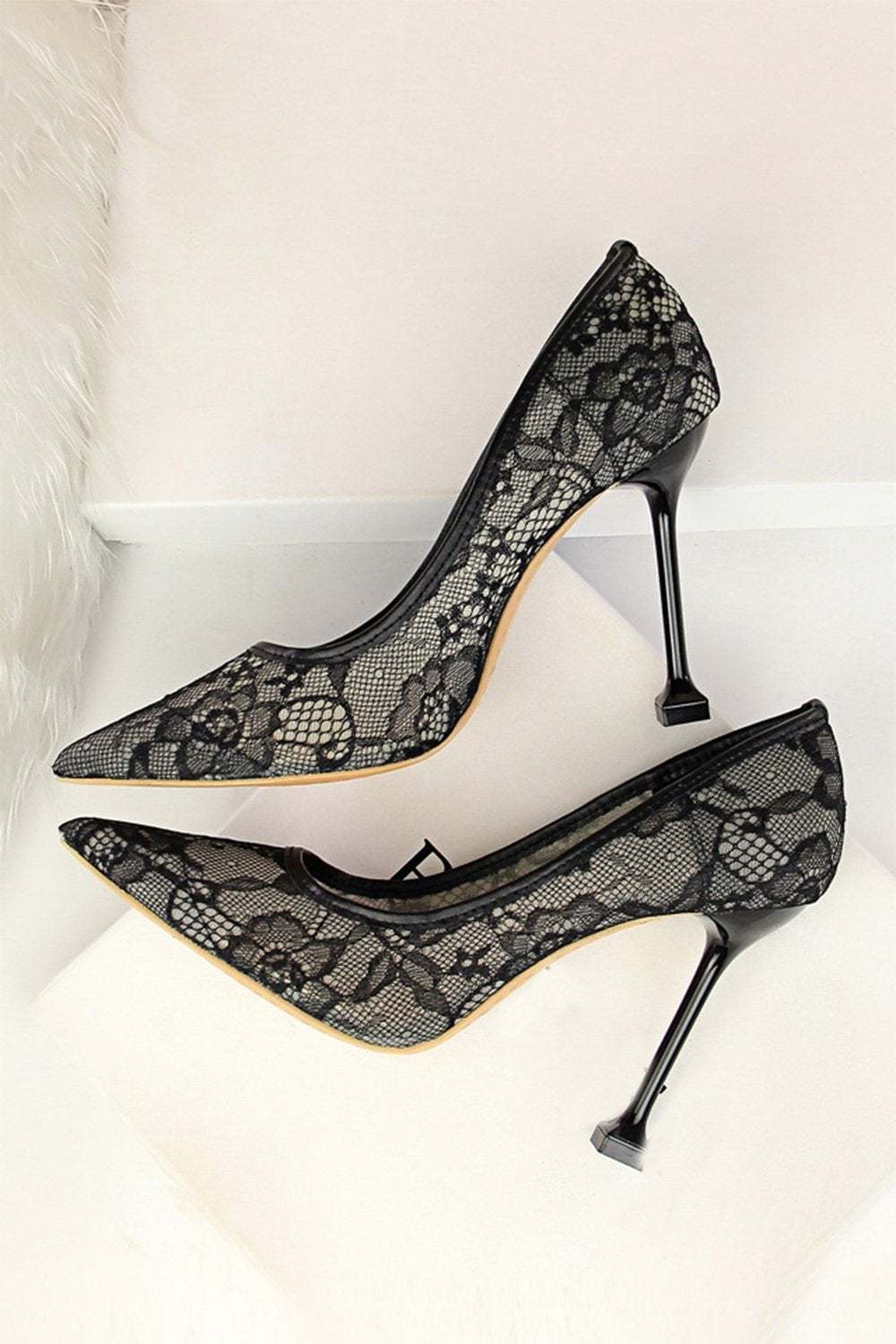 Pointy Stiletto Heels in Black Lace