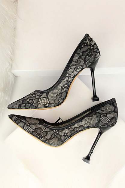Pointy Stiletto Heels in Black Lace