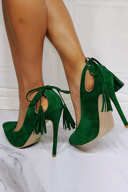 High Heel Stilettos with Dark Green Velvet Tassels