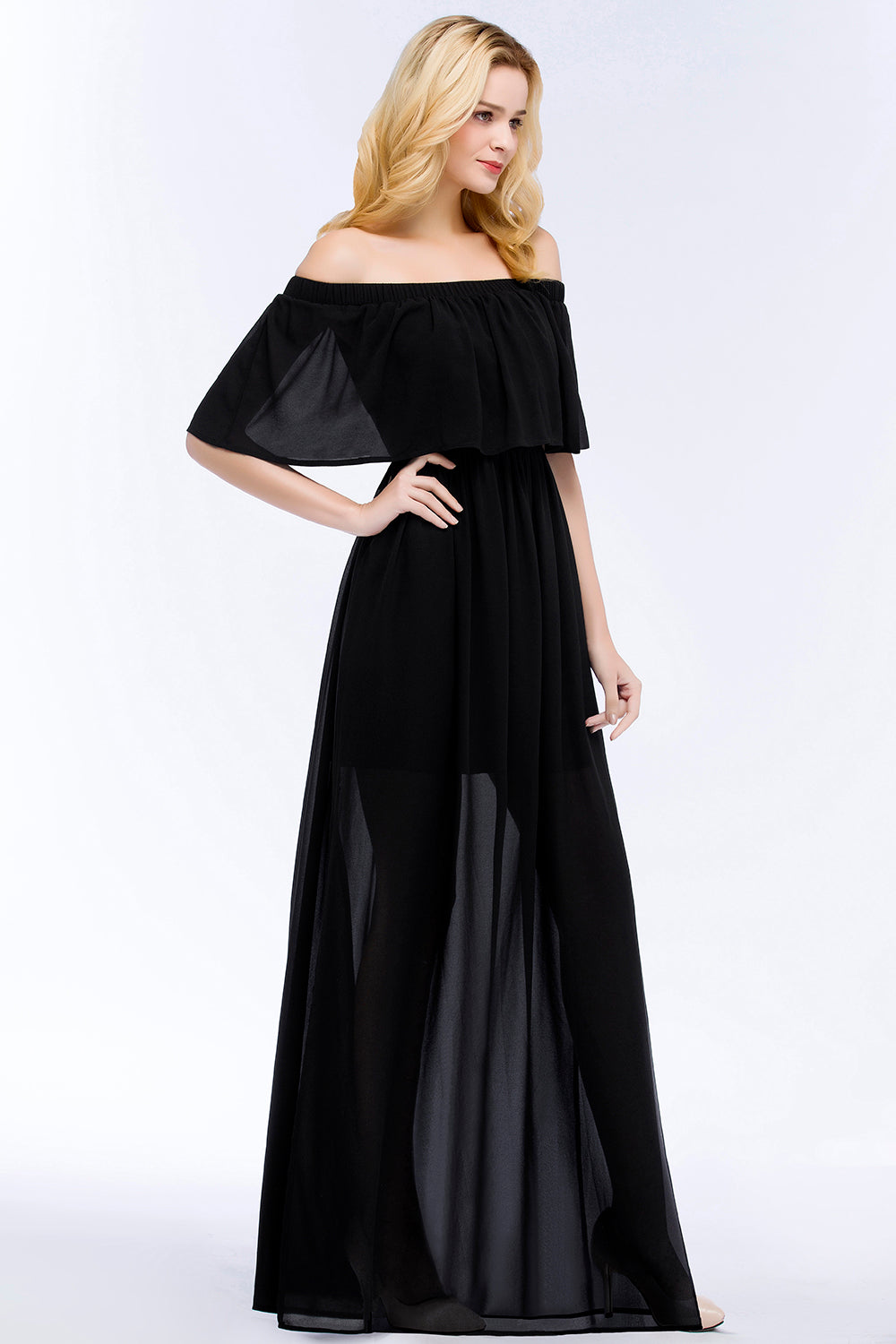 Affordable Black Off-the-shoulder Long Chiffon Bridesmaid Dress Online