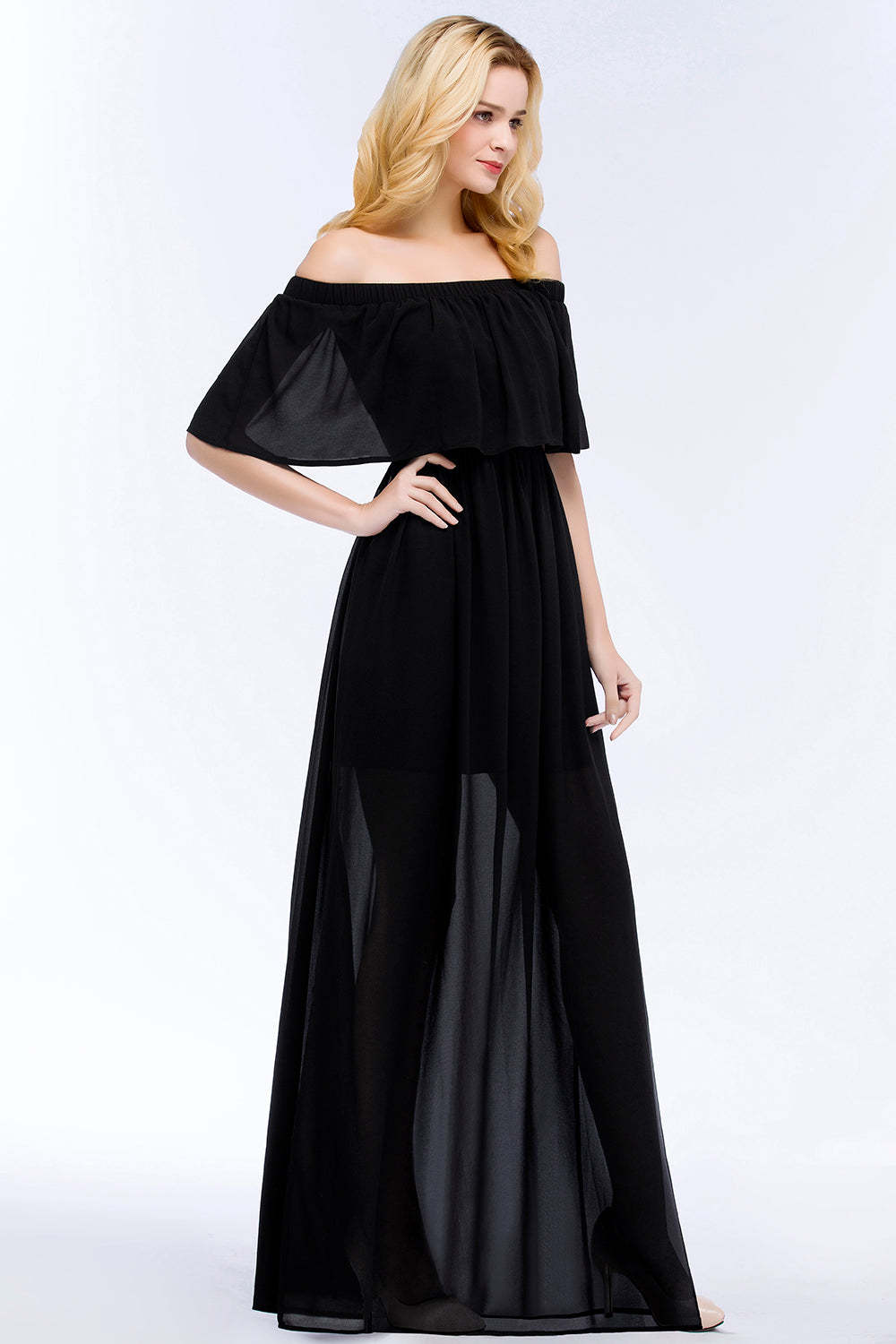 Affordable Black Off-the-shoulder Long Chiffon Bridesmaid Dress Online