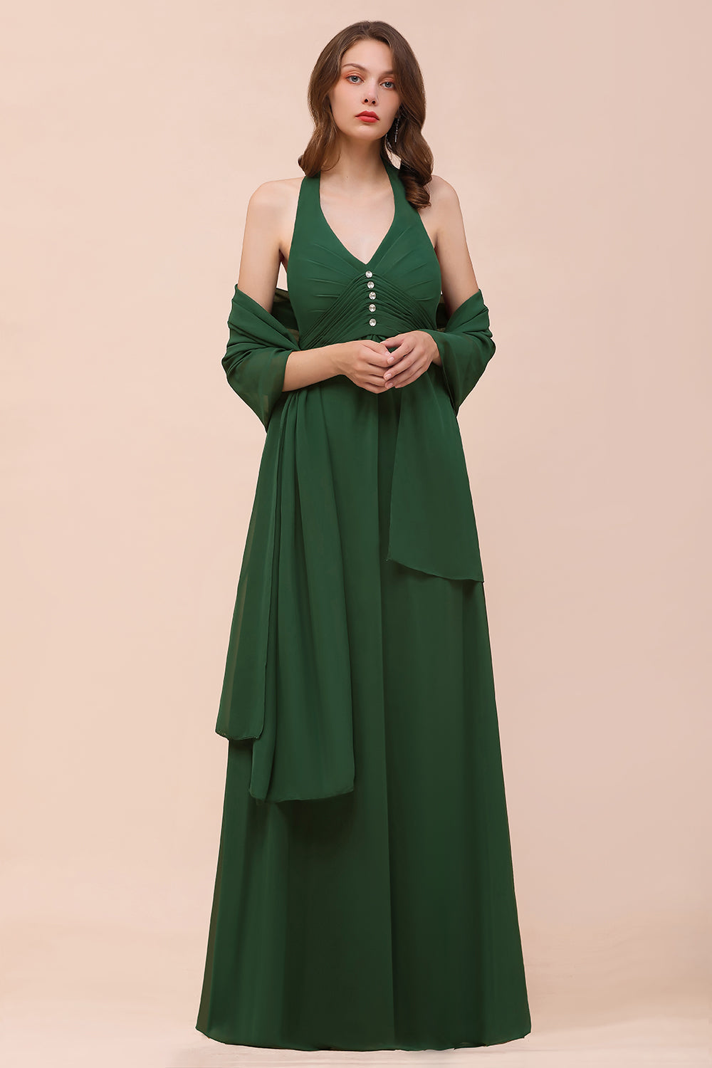 Affordable Halter Beading Ruffle Dark Green Bridesmaid Dress With Shawl