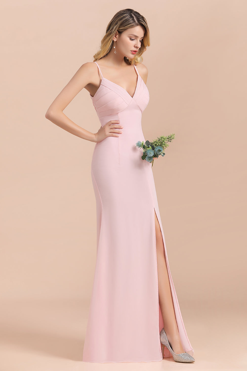 Affordable Sheath V-Neck Blushing Pink Chiffon Bridesmaid Dress with Spaghetii Straps