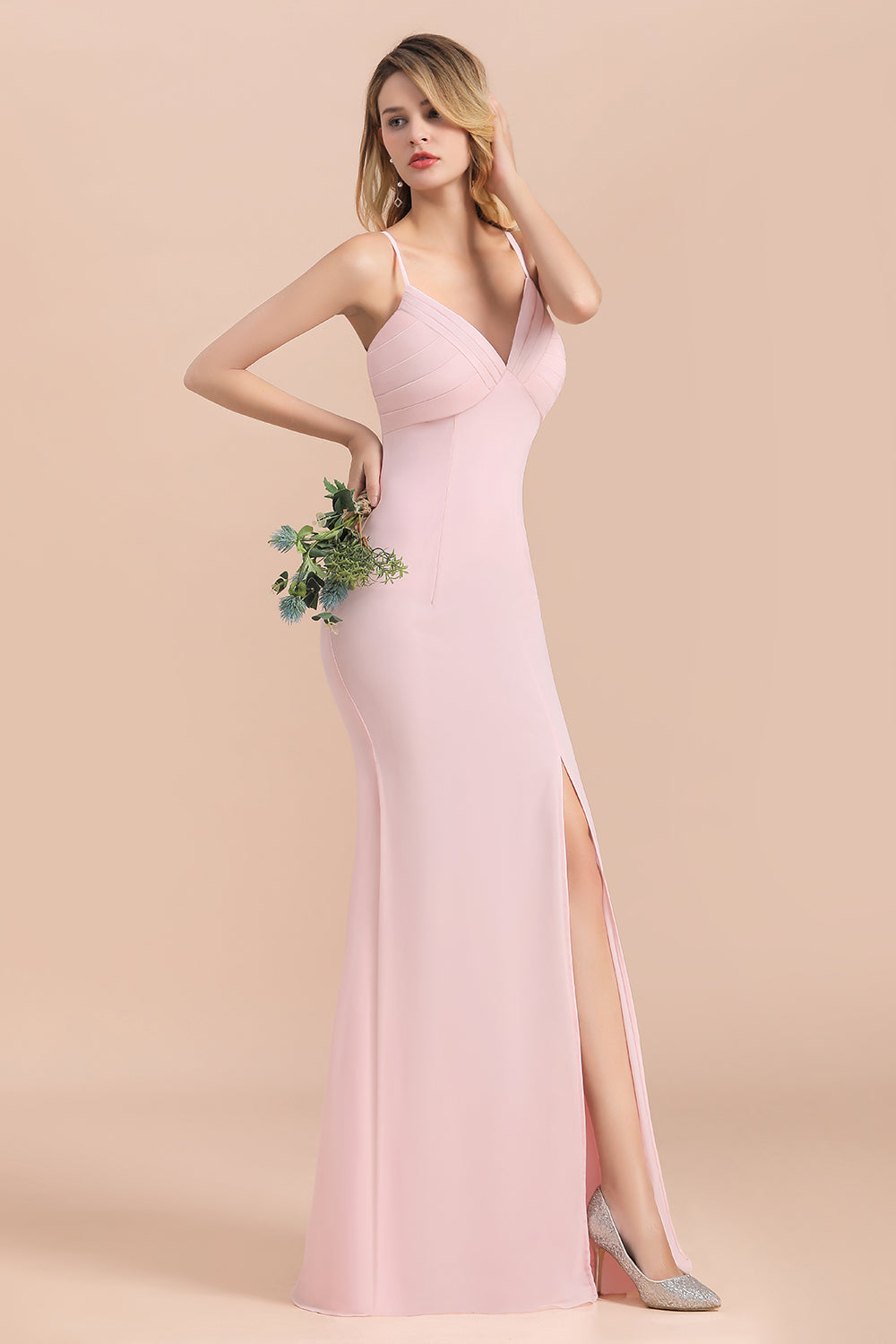 Affordable Sheath V-Neck Blushing Pink Chiffon Bridesmaid Dress with Spaghetii Straps