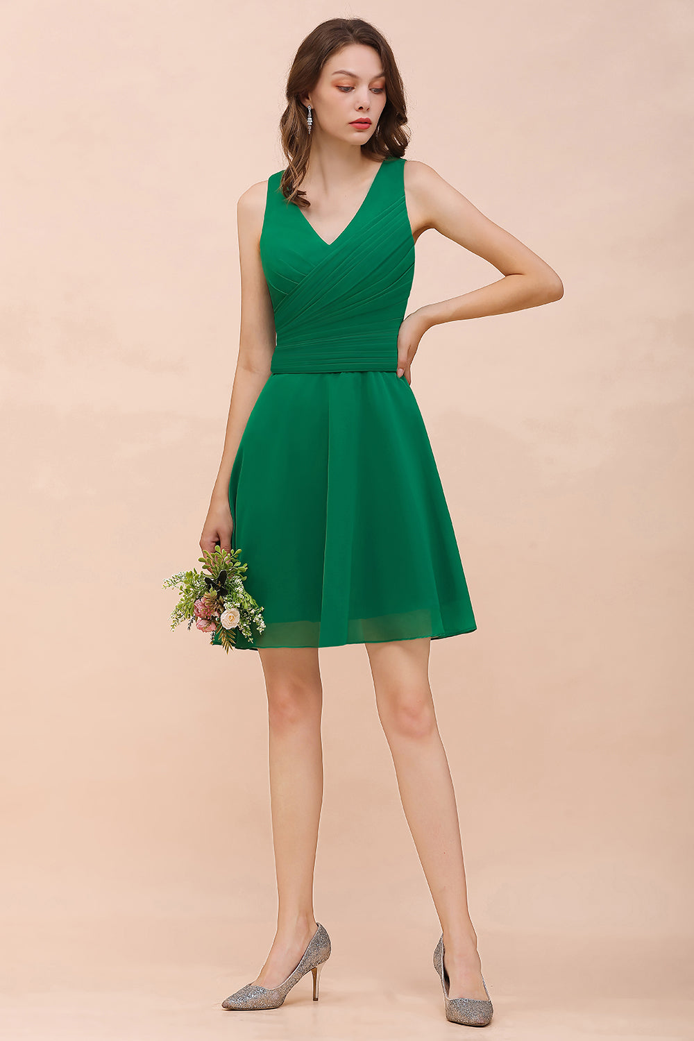 Affordable V-Neck Sleeveless Ruffle Short Bridesmaid Dress