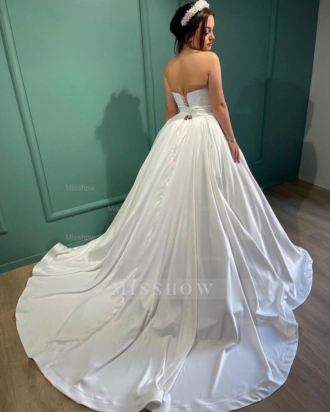 Amazing Long White A-line Strapless Wedding Dress With Pearls