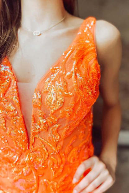 Sparkly Sheath Deep V Neck Orange Sequins Short Cocktail Dress With Feather