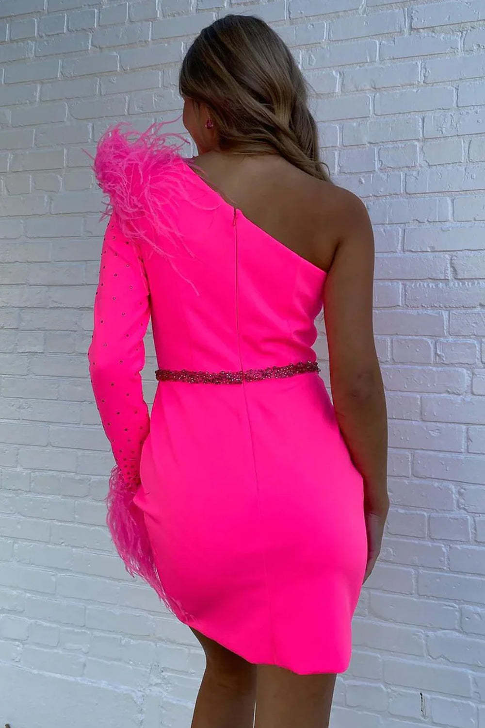 Bodycon One Shoulder Hot Pink Short Cocktail Dress With Feather