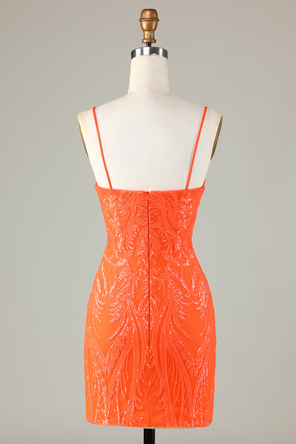 Sparkly Sheath Spaghetti Straps Orange Sequins Corset Cocktail Dress