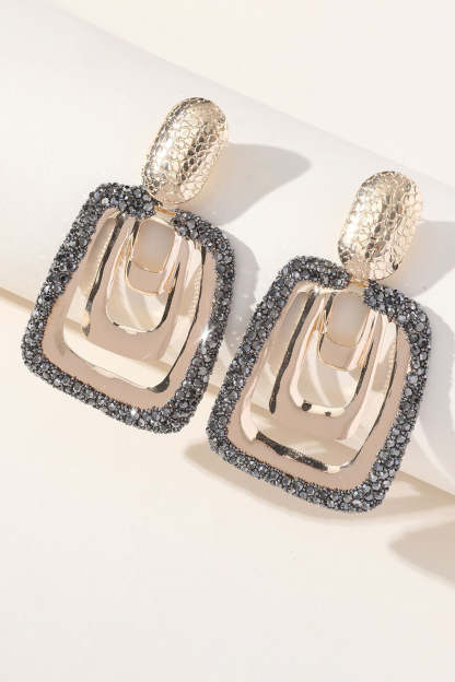 Golden Square Dangle Earrings with Rhinestones