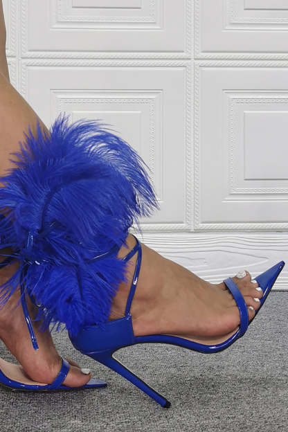 Pointed Toe Stiletto Sandals in Royal Blue with Feather Detail