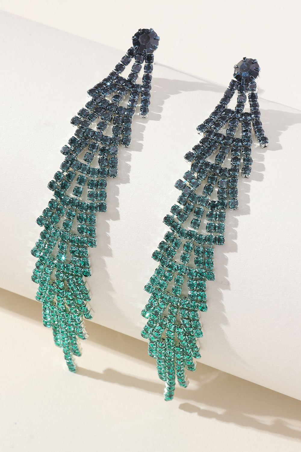 Long Rhinestone Earrings with Gradient Colored Tassels