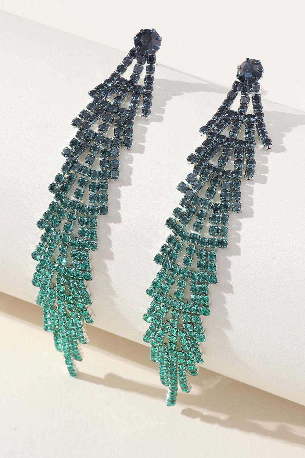 Long Rhinestone Earrings with Gradient Colored Tassels