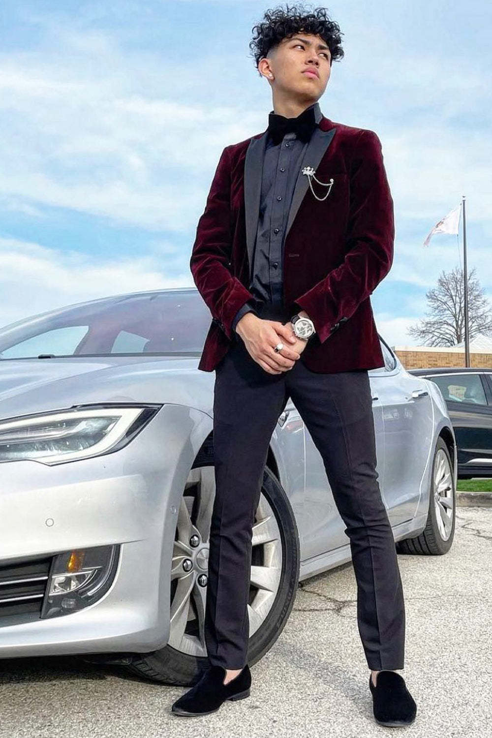 Burgundy Velvet Men's Prom Blazer with Peak Lapel