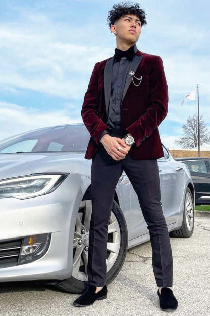 Burgundy Velvet Men's Prom Blazer with Peak Lapel