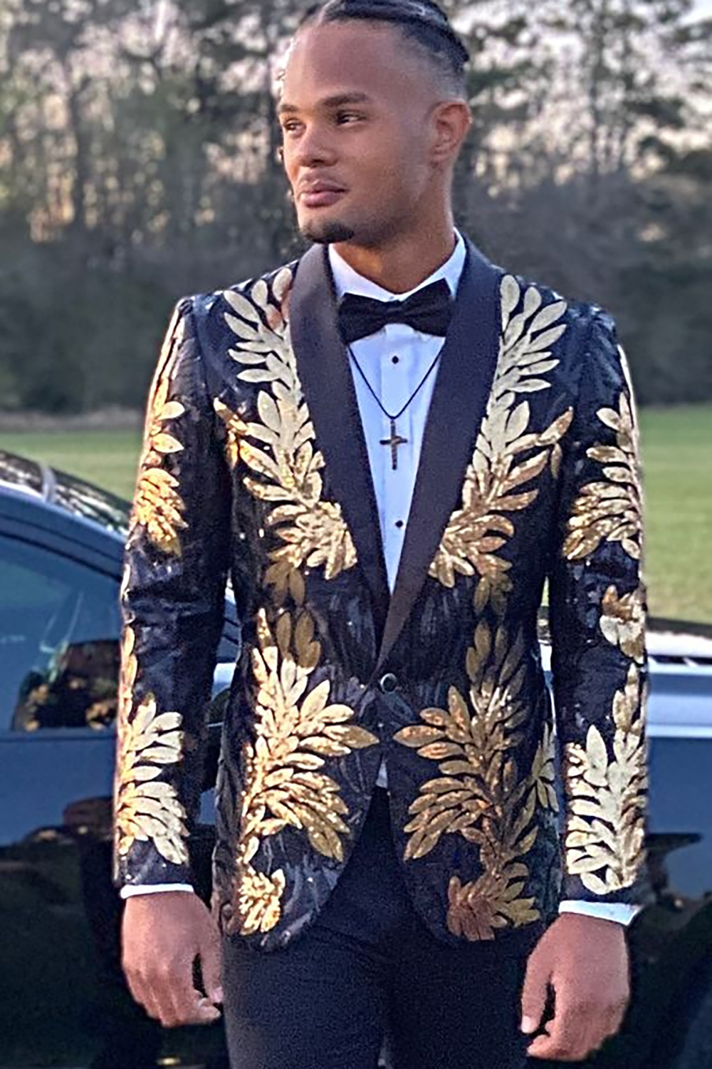 Men's Prom Suits in Black and Gold Jacquard with Sequins 2-Piece Set