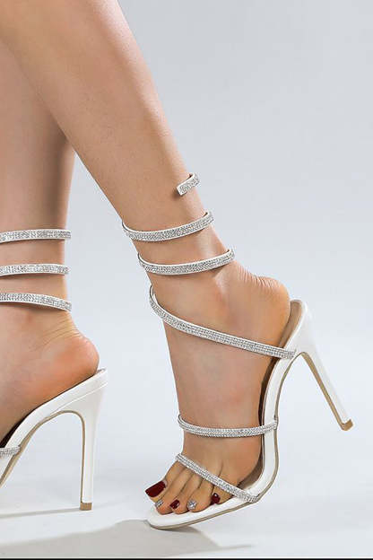 White Stiletto High Heels with Rhinestone Toe