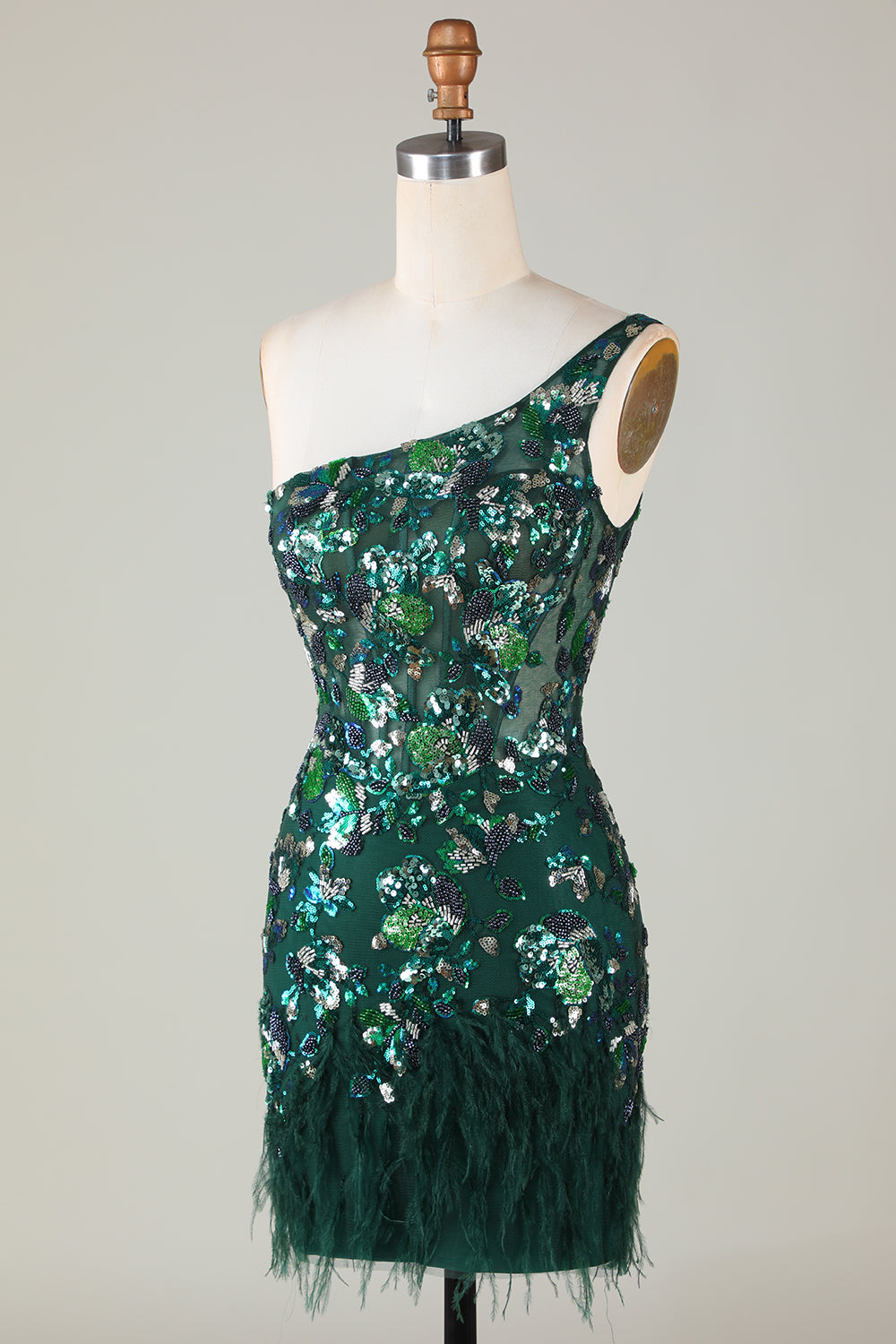 Bodycon One Shoulder Green Sequins Short Cocktail Dress With Feather