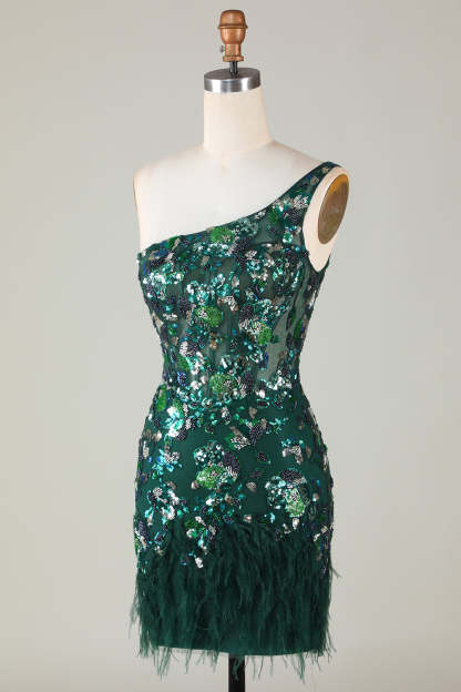 Bodycon One Shoulder Green Sequins Short Cocktail Dress With Feather