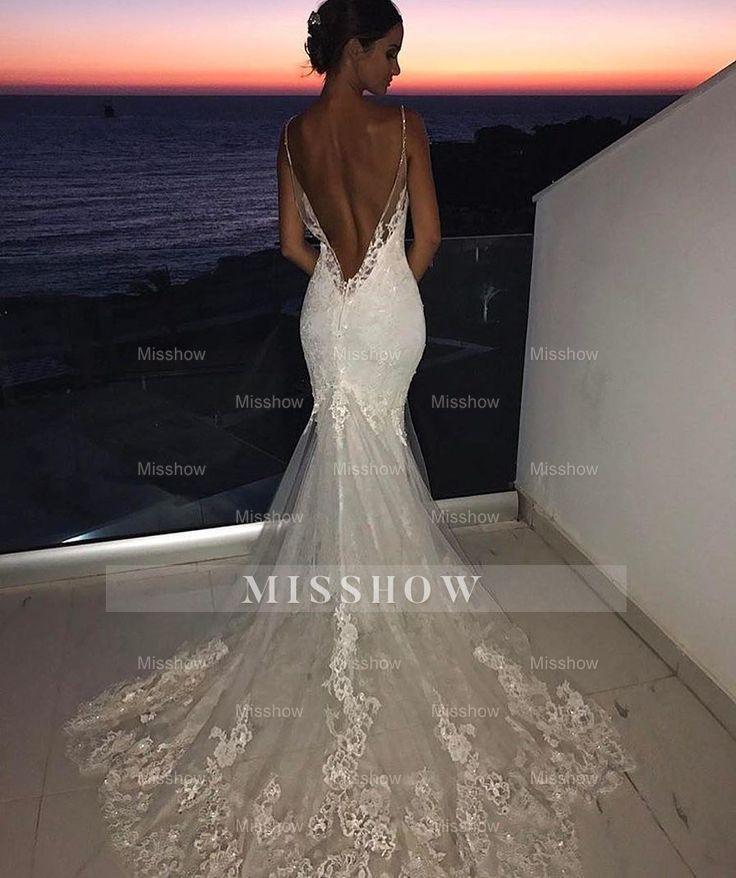 Backless Wedding Dress Lace Mermaid Beautiful Spaghetti-Straps Bride Dress