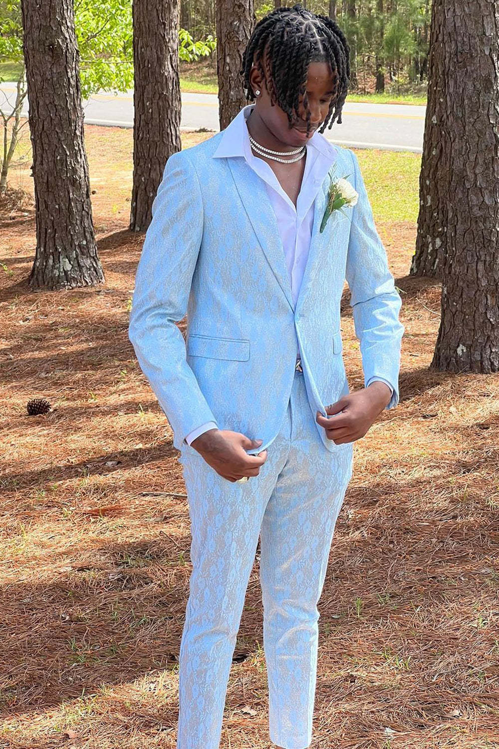 Light Blue Men's Prom Suit with Shawl Lapel and Single Button