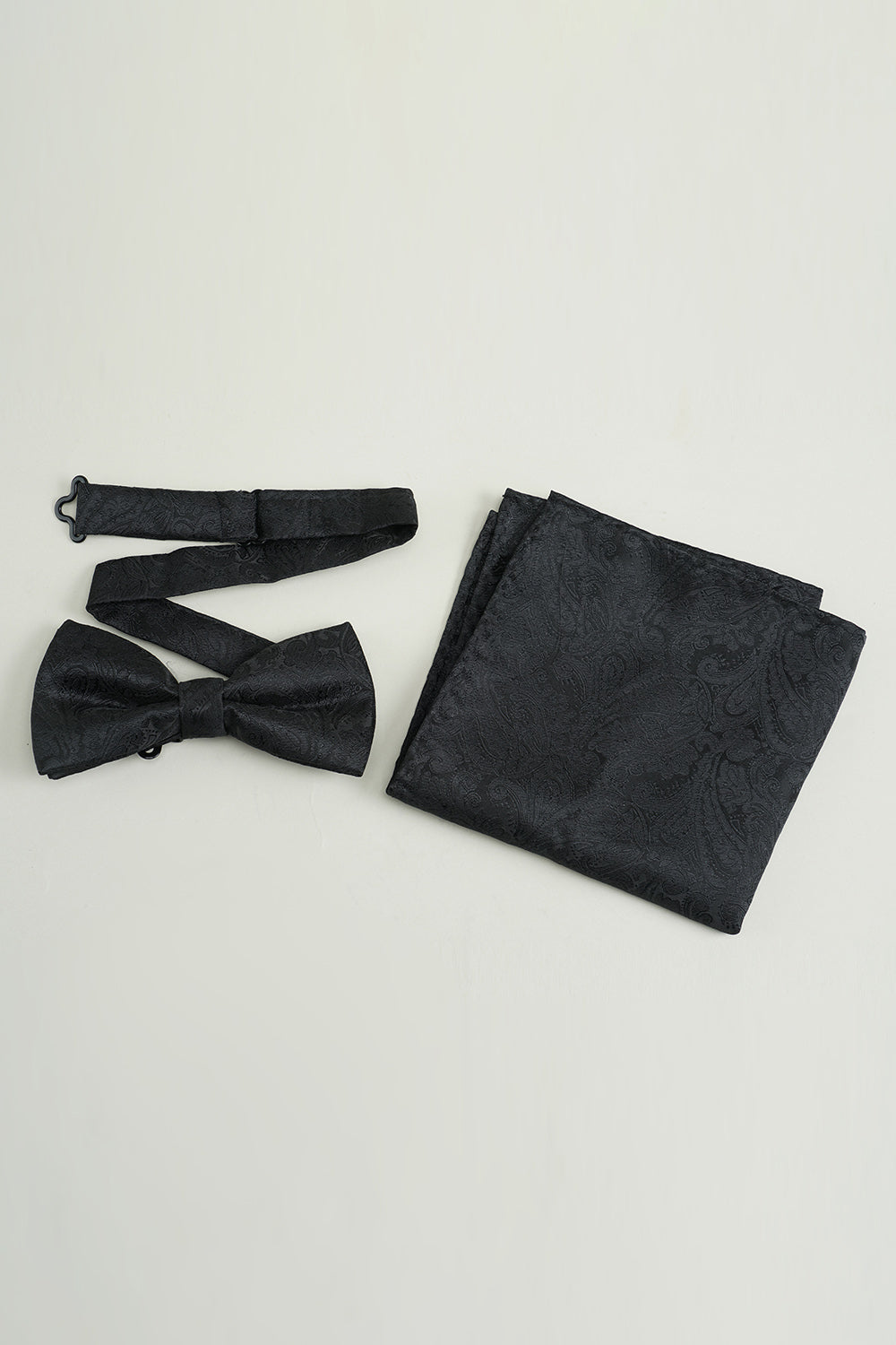 Pocket Square and Bow Tie Set in Black Jacquard Satin