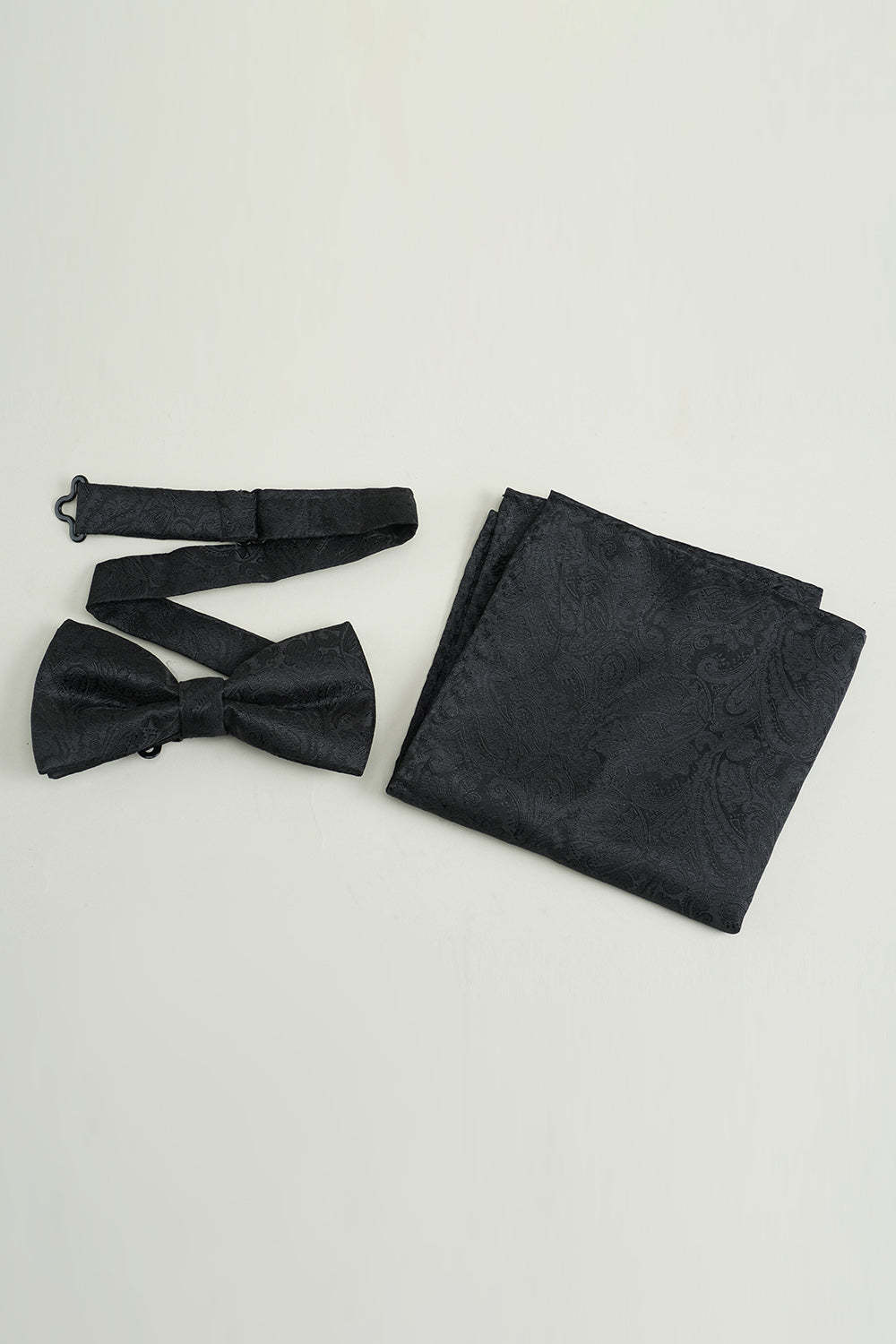 Pocket Square and Bow Tie Set in Black Jacquard Satin