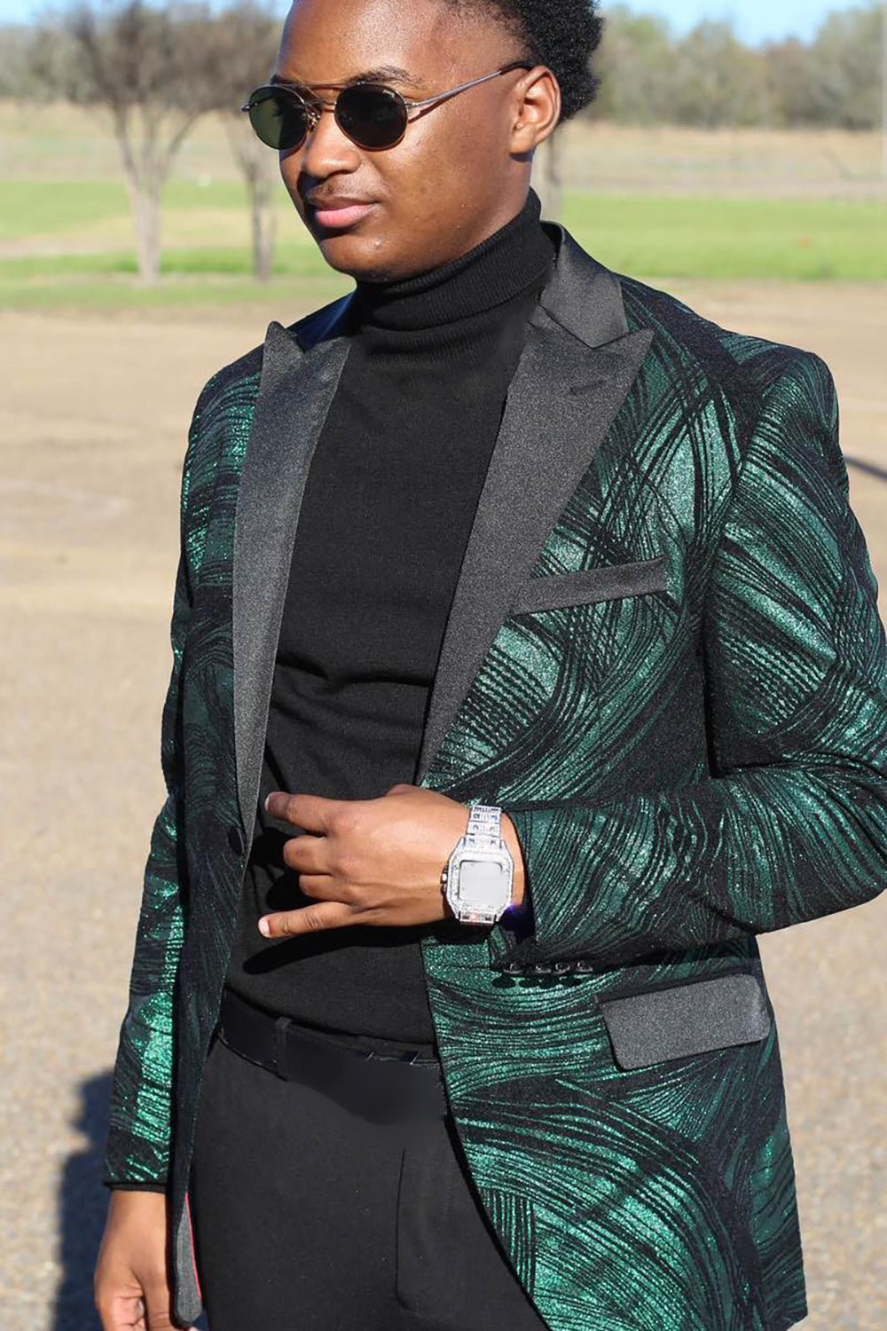 Sparkly Men's Prom Blazer with Dark Green Peak Lapel