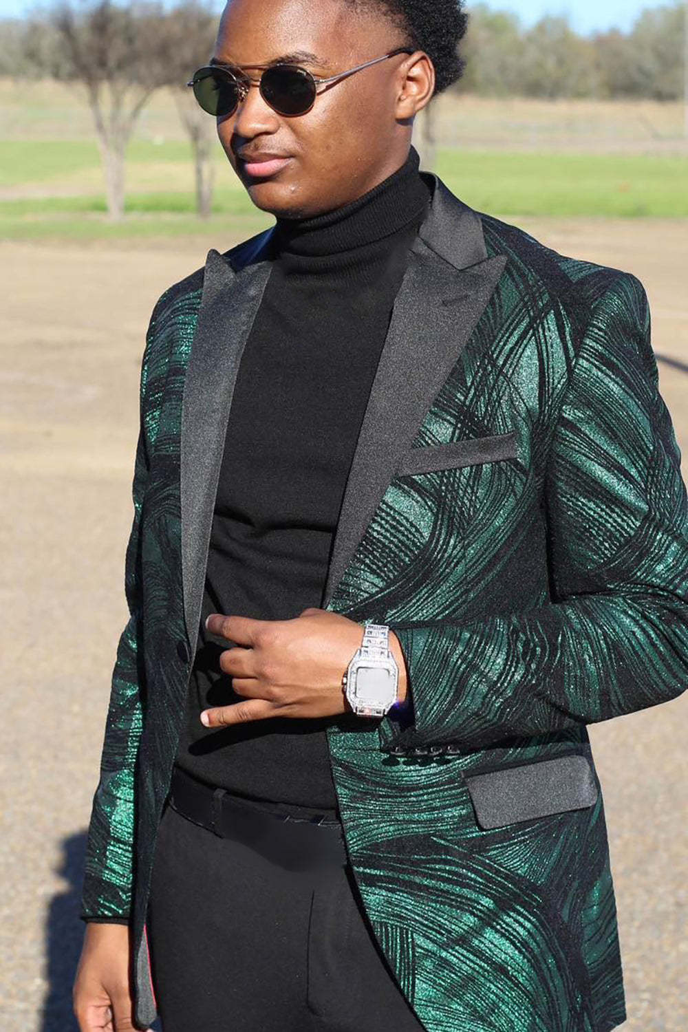 Sparkly Men's Prom Blazer with Dark Green Peak Lapel