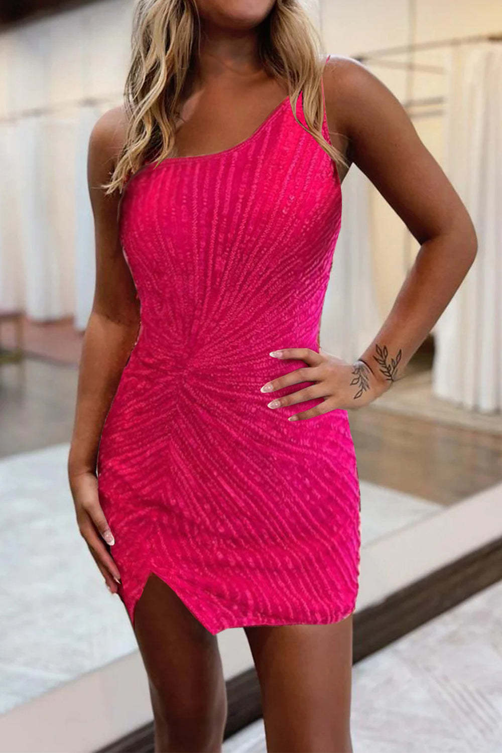 Glitter Sheath Orange Sequins One Shoulder Beaded Tight Cocktail Dress