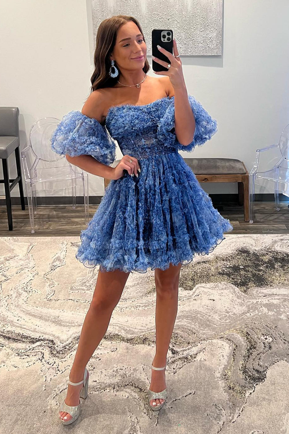 Cute A Line Off The Shoulder Blue Printed Detachable Sleeves Ruffled Short Cocktail Dress