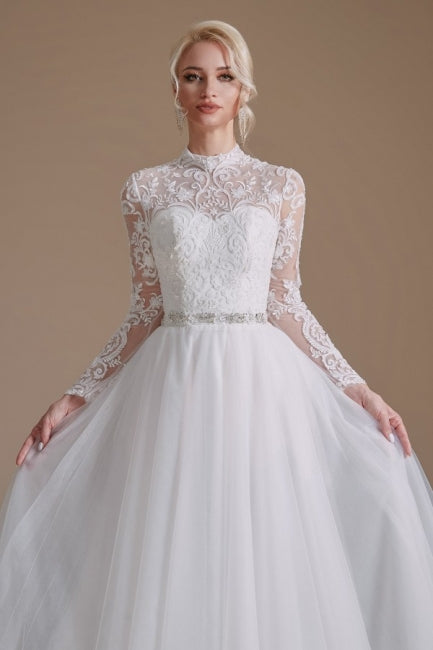 Beautiful Jewel Long-Sleeve A-Line Floor-Length Wedding Dresses with Pattern