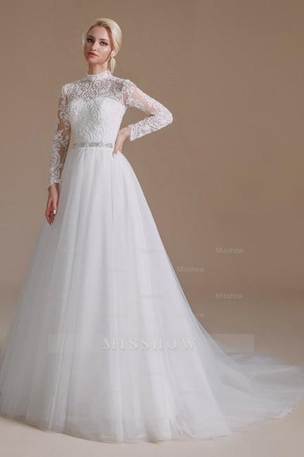 Beautiful Jewel Long-Sleeve A-Line Floor-Length Wedding Dresses with Pattern