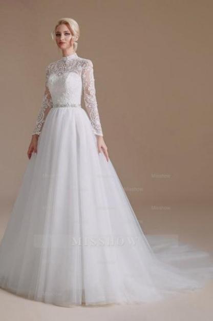 Beautiful Jewel Long-Sleeve A-Line Floor-Length Wedding Dresses with Pattern