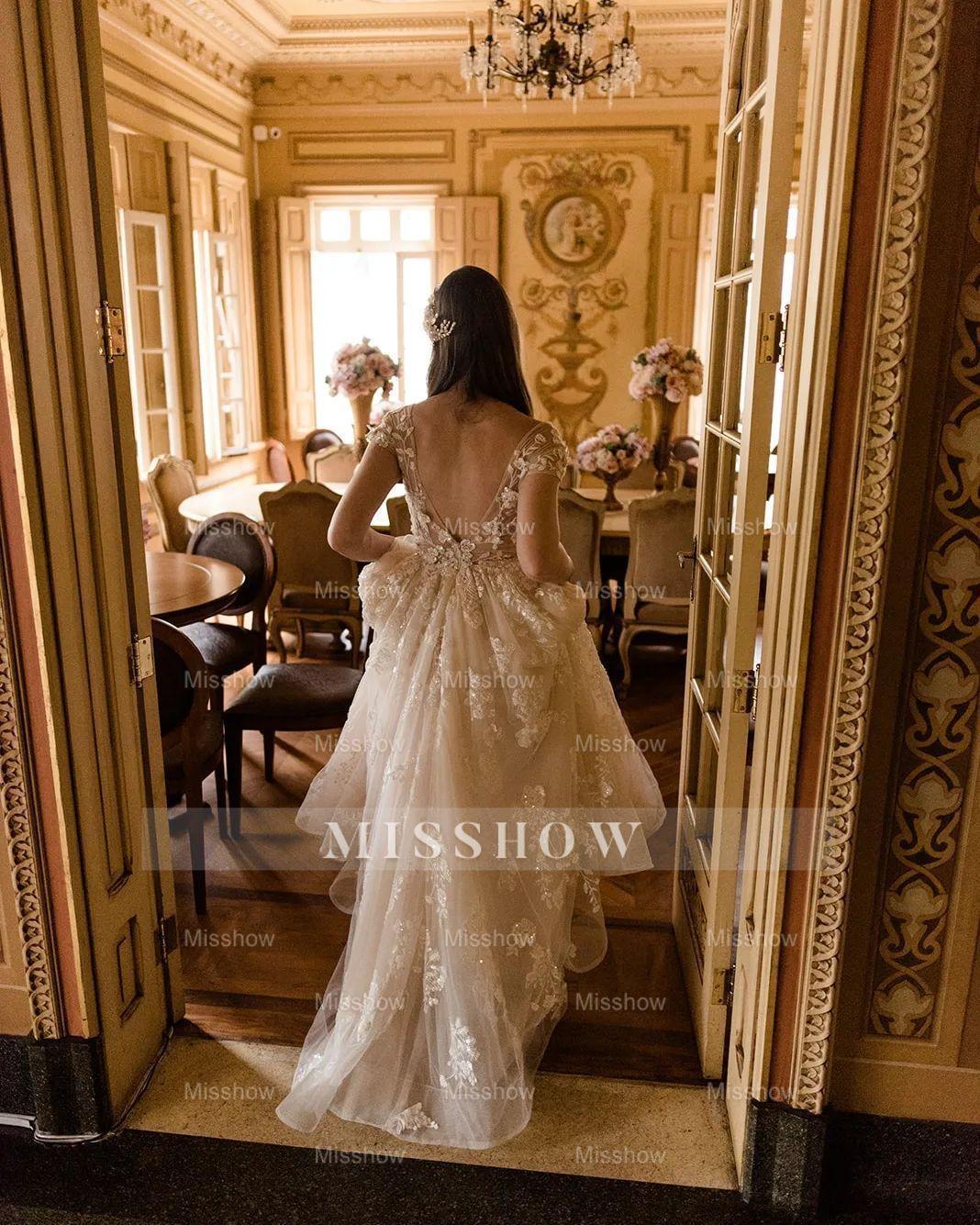 Beautiful Long A-line V-neck Lace Wedding Dresses With Cap Sleeves