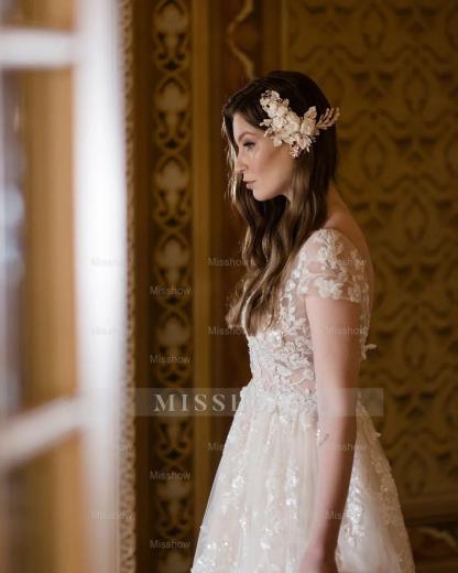 Beautiful Long A-line V-neck Lace Wedding Dresses With Cap Sleeves