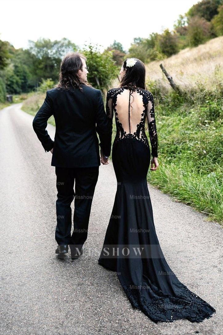 Black Long Sleeves Mermaid Wedding Dress with Sweep Train
