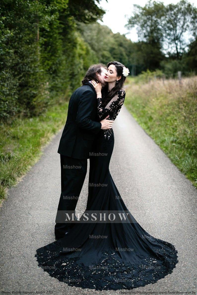 Black Long Sleeves Mermaid Wedding Dress with Sweep Train