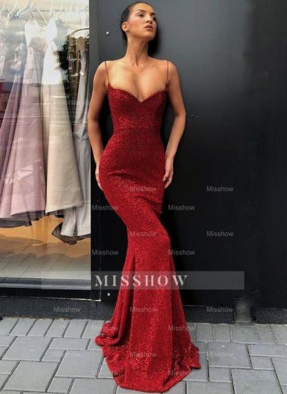 Black Sheath Spaghetti Straps Open Back Sequins Prom Dresses