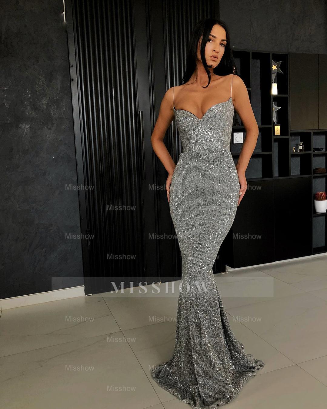 Black Sheath Spaghetti Straps Open Back Sequins Prom Dresses