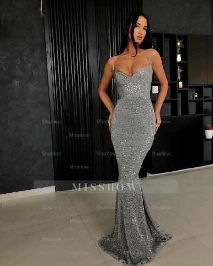 Black Sheath Spaghetti Straps Open Back Sequins Prom Dresses